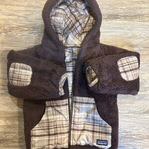 Patagonia reversible winter jacket, size 3T, brown fleece & brown plaid